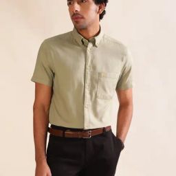 ANDAMEN Light Olive Regular Fit Textured Cotton Shirt-image-15