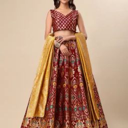 PURVAJA Maroon Floral Print Stitched Lehenga & Unstitched Blouse With Dupatta-image-36