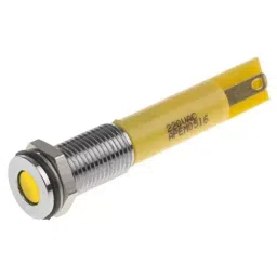 RS PRO Yellow Panel Mount Indicator 220V AC, Mounting Hole Size 8 mm, Termination Type Faston, Solder Lug, IP Rating IP67, Model No 9138744-13