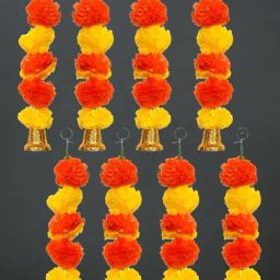 eCraftIndia Artificial Marigold Flower Garland with Bells Wall Hanging (Pack of 8)-6