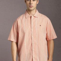 Louis Philippe Peach Cotton Relaxed Fit Checks Shirt-image-10