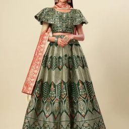 PURVAJA Green Floral Print Stitched Lehenga & Unstitched Blouse With Dupatta-picture-35