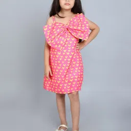 Pink Chick Girls Pink Cotton Sleevelesss Bow Printed A-Line Dress-image-92