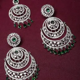 Zeneme Rhodium Plated Green AD Contemporary Earring & Maang Tikka Set-image-72