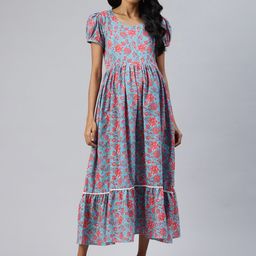 Swishchick Floral Print Puff Sleeve Maternity A-Line Midi Dress-image-95