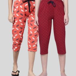 Kryptic Coral & Maroon Elasticated Waist Band Relaxed Fit Printed Cotton Capris - Pack of 2-35