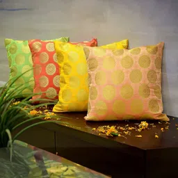 RoyalDeco Red & Beige 4 Pieces Ethnic Motifs Brocade Square Cushion Covers-image-4