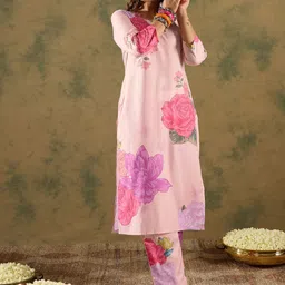 Indo Era Floral Printed V-Neck Straight Kurta with Trousers-picture-36