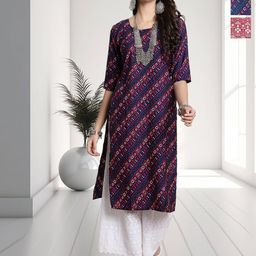 HERE&NOW Selection Of 3 Bandhani Printed Round Neck Straight Kurtas-image-14