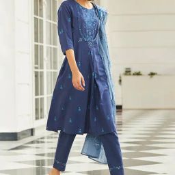 W Navy Cotton Floral Print Straight Kurta-25