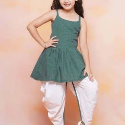 AJ Dezines Kids Green & White Cotton Self Pattern Kurta Set-image-17