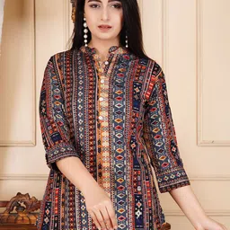 GUDWEARS Women Ethnic Motifs Printed Mandarin Collar Polycotton Top-22