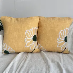 EXPORT HOUSE Yellow & White 2 Pieces Cotton Floral Square Cushion Covers-11
