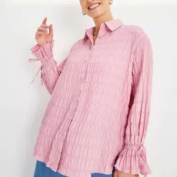 Styli Pink Textured Oversized Longline Shirt With Buttons-10