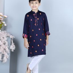 Kinder Kids Full Sleeves Motif Embroidered Gotta Patti Detail Kurta With Solid Pyjama - Blue-image-4