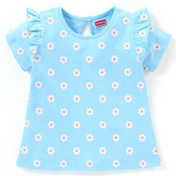 Babyhug 100% Cotton Half Sleeves Tee With Frill Detailing Floral Print- Blue-image-101