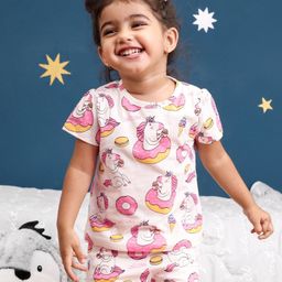 Doodle Poodle 100% Cotton Knit Half Sleeves Night Suit Unicorn Print - White-picture-30