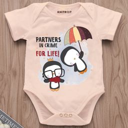 KNITROOT Raksha Bandhan Theme Half Sleeves Partners In Crime Baby Penguins Printed Onesie - Peach-image-89