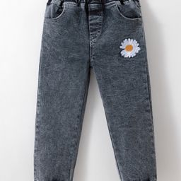 Kookie Kids Denim Washed Full Length Jeans With Floral Applique - Grey-picture-44