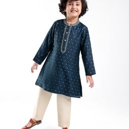Babyhug Woven Full Sleeves Kurta & Pyjama Set With Foil Print - Navy Blue-picture-19