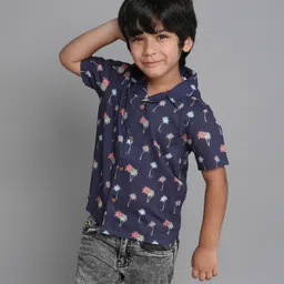 Taffykids 100% Cotton Half Sleeves Tropical Printed Shirt - Navy Blue & Multi Colour-picture-14