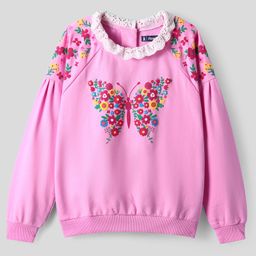 Pine Kids Cotton Knit Full Raglan Drop Shoulder Sleeves Sweatshirt with Floral Embroidery & Lace Detailing - Pink-image-100
