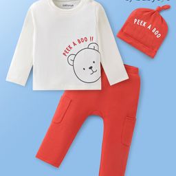 Babyoye 100% Cotton With Eco-Jiva Finish Full Sleeves T-Shirt With Cap & Lounge Pants Set Teddy Print - White & Red-image-99