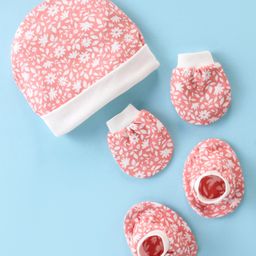 Ben Benny 100% Cotton Knit Floral Printed Cap Mittens & Booties Dark Peach - Diameter 10 cm-image-24