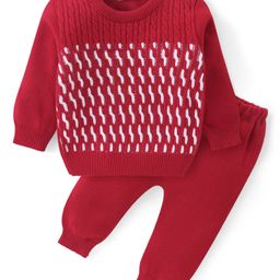 Babyhug Knitted Full Sleeves Pullover Sweater & Pant Set With Cable Knit Design - Red-image-60