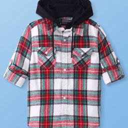 Pine Kids Cotton Woven Full Sleeves Hooded Shirt With Checks - Multicolour-image-76