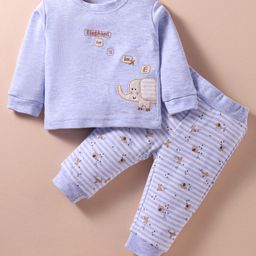 ToffyHouse Interlock Knit Full Sleeves T-Shirt & Lounge Pant Set With Elephant Print & Patch - Purple-image-33