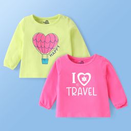 Doodle Poodle 100% Cotton Knit Full Sleeves T-Shirt with I Love to Travel Text Print Pack of 2 - Dark Pink & Limegreen-picture-18