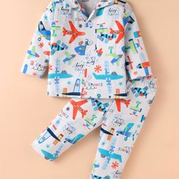 Little Darlings Sinker Knit Full Sleeves Night Suit With Vehicle Print - Light Blue-image-71
