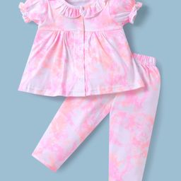 ToffyHouse Cotton Knit Half Puffed Sleeves Cut & Sew Night Suit with Frill Detailing - Pink-image-34