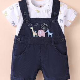 ToffyHouse 100% Cotton Knit Dungaree & Half Sleeves Inner Tee Animal Print & Embroidery - Navy Blue & White-image-96