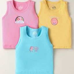 Bodycare Cotton Knit Sleeveless Vests With Text Print Pack Of 3 - Yellow Light Blue & Pink-image-3