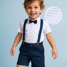 Babyhug Knit Half Sleeves Polka Dots Printed Shirt & Shorts Set with Bow & Suspender - White & Teal Blue-picture-25