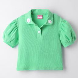 Little Kangaroos Cotton Knit Half Puffed Sleeves Solid Color Collared Textured Top - Mint-image-24