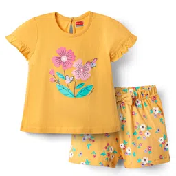 Babyhug Cotton Knit Half Sleeves Shorts Night Suit With Floral Print - Yellow-picture-20