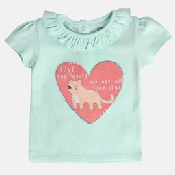 MINI KLUB Cotton Half Puffed Sleeves Baby Animal Embroidered Top - Blue-image-51