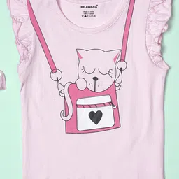 Be Awara Cotton Knit Frill Sleeves Cat Printed Top - Pink-picture-17