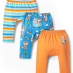 Babyhug Cotton Knit Full Length Diaper Leggings With Stripes & Animal Print Pack Of 3 - Orange Blue & Light Blue-image-69