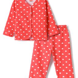 Babyhug Single Jersey Knit Full Sleeves Co-Ord Top & Lounge Pant Set with Heart Print - Red-16