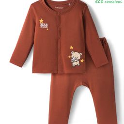 Babyoye 100% Cotton Knit Full Sleeves Front Open T-Shirt & Lounge Pant Set With Teddy Embroidery Patch - Brown-picture-4