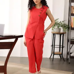 Ambraee Round-Neck Cotton Wrap Top With Trouser Co-Ords Set-picture-51