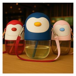 Badal Kidz Penguin Sippy Cup with Straw, Cute Water Bottle with Adjustable Strap for Toddlers - Blue - 520 ml image 4