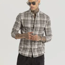 Snitch Men Smart Button-Down Collar Tartan Checked Linen Slim Fit Casual Shirt-image-19