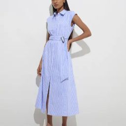 Wardrobe by Westside Blue Stripe Patterned Cotton Shirt Dress with Belt-image-50