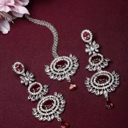 Zeneme Rhodium Plated Red AD Contemporary Earring & Maang Tikka Set-picture-31
