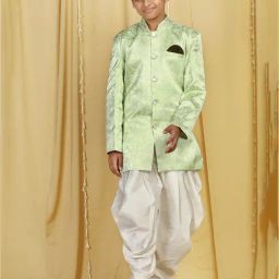 AJ Dezines Kids Green & White Printed Full Sleeves Sherwani with Salwar-image-102